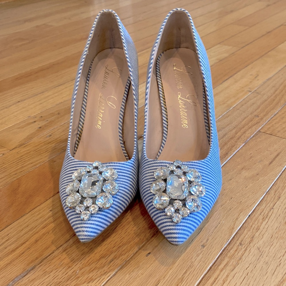Lauren Lorraine Blue & White Pinstripe Pump with Rhinestone Detail